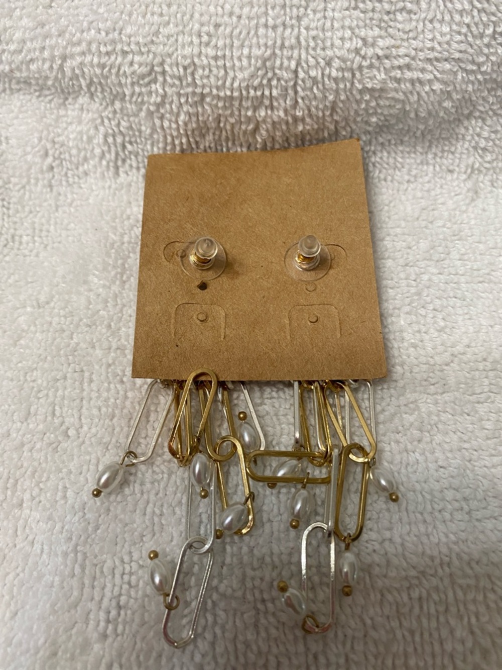 Gold and Silver Tone Multi-Link Dangle Earrings with Pearl Accents - Picture 2 of 2